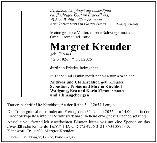 Anzeige  Margret Kreuder  Lippische Landes-Zeitung