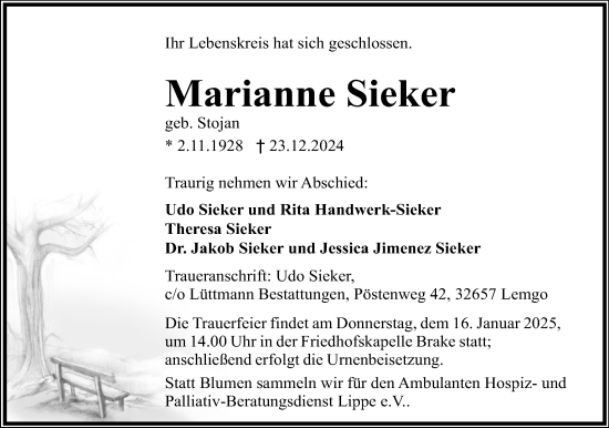 Anzeige  Marianne Sieker  Lippische Landes-Zeitung