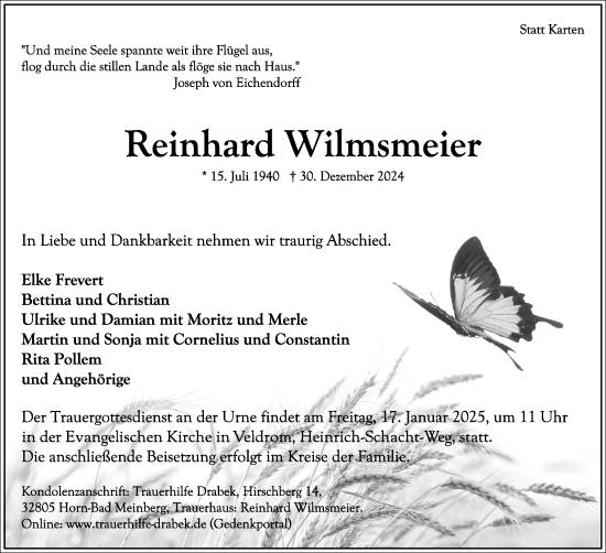 Anzeige  Reinhard Wilmsmeier  Lippische Landes-Zeitung