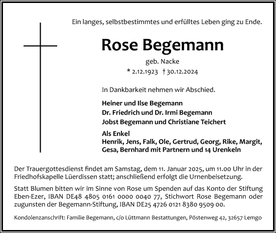 Anzeige  Rose Begemann  Lippische Landes-Zeitung