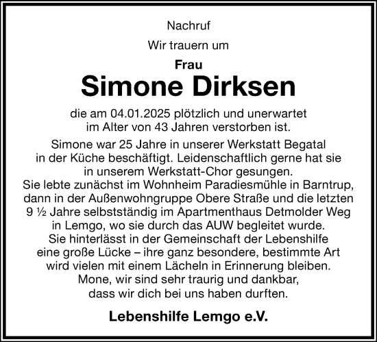 Anzeige  Simone Dirksen  Lippische Landes-Zeitung