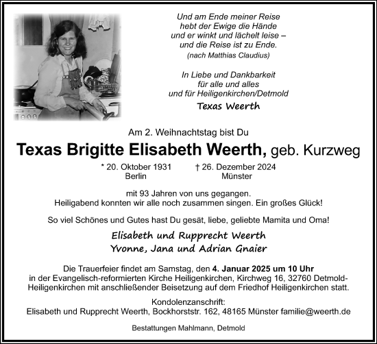 Anzeige  Texas Brigitte Elisabeth Weerth  Lippische Landes-Zeitung