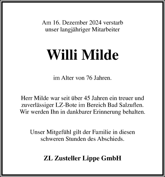 Anzeige  Willi Milde  Lippische Landes-Zeitung