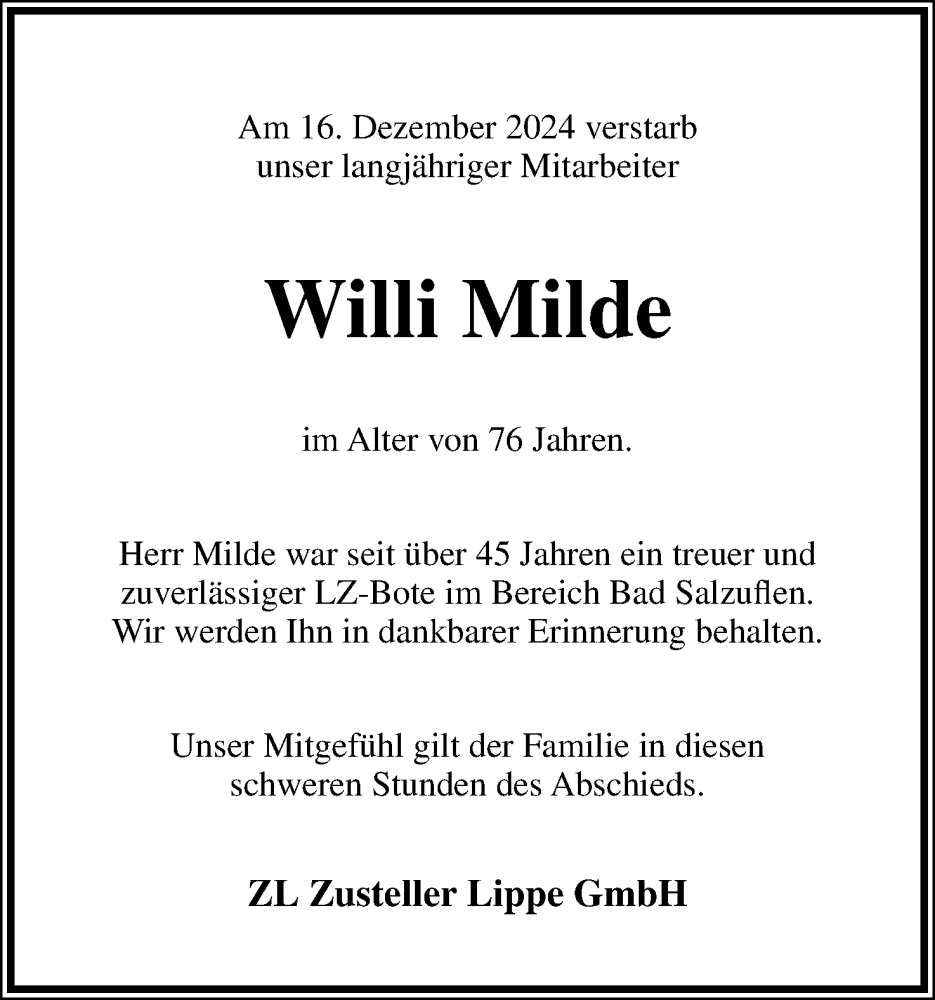  Traueranzeige für Willi Milde vom 11.01.2025 aus Lippische Landes-Zeitung