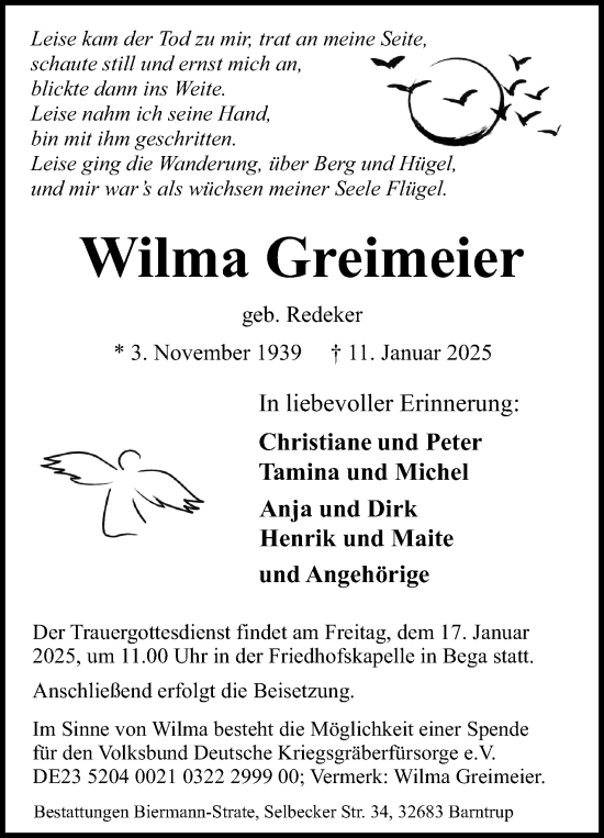 Anzeige  Wilma Greimeier  Lippische Landes-Zeitung