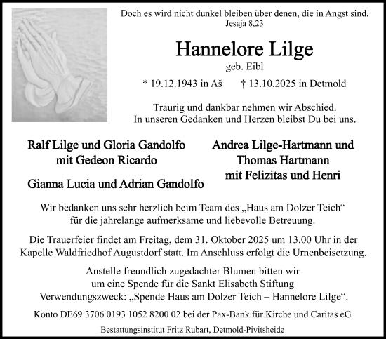 Anzeige  Hannelore Lilge   Lippische Landes-Zeitung