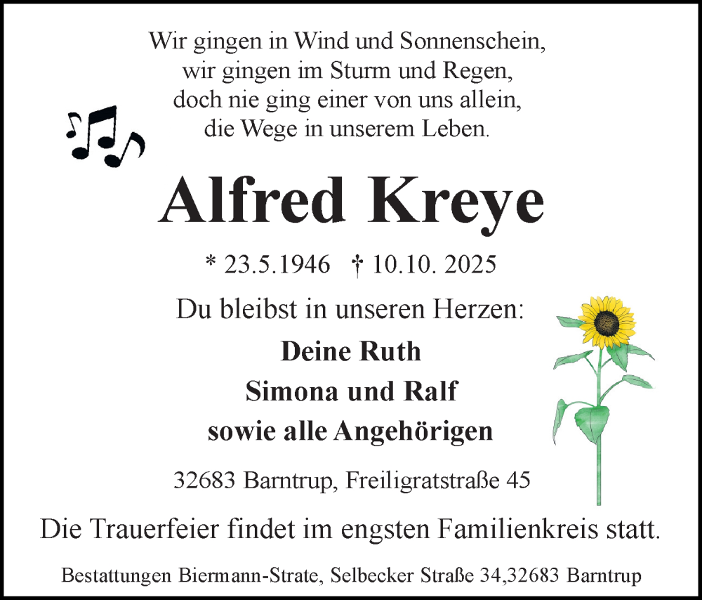 Traueranzeige für Alfred Kreye vom 18.10.2025 aus Lippische Landes-Zeitung