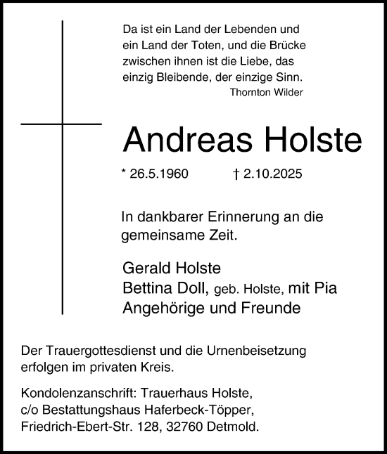 Anzeige  Andreas Holste  Lippische Landes-Zeitung