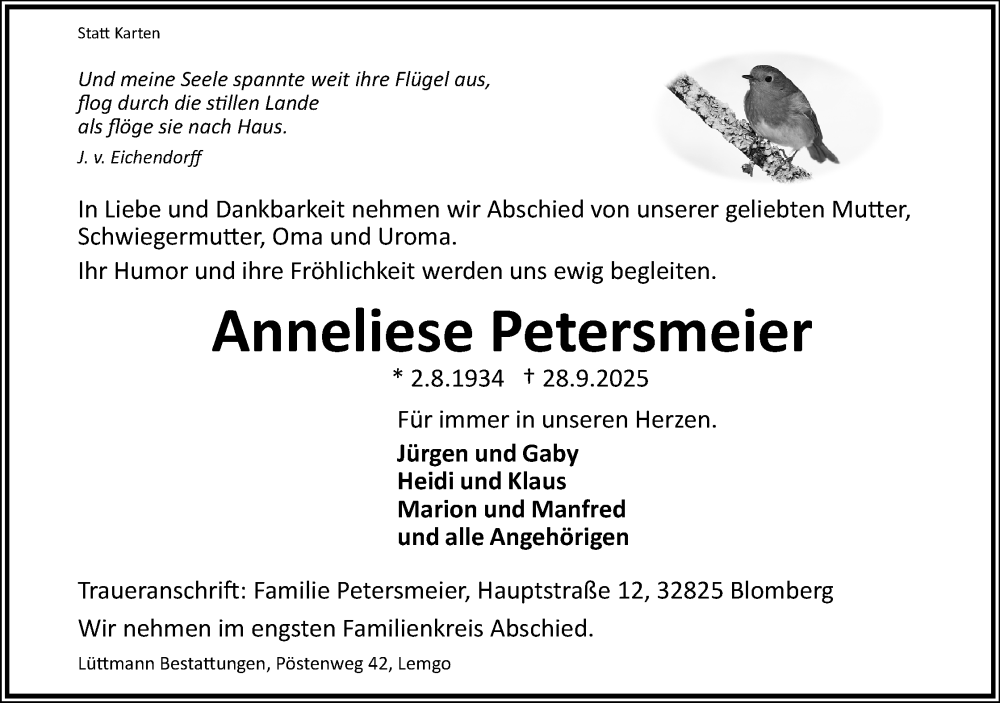  Traueranzeige für Anneliese Petersmeier vom 04.10.2025 aus Lippische Landes-Zeitung