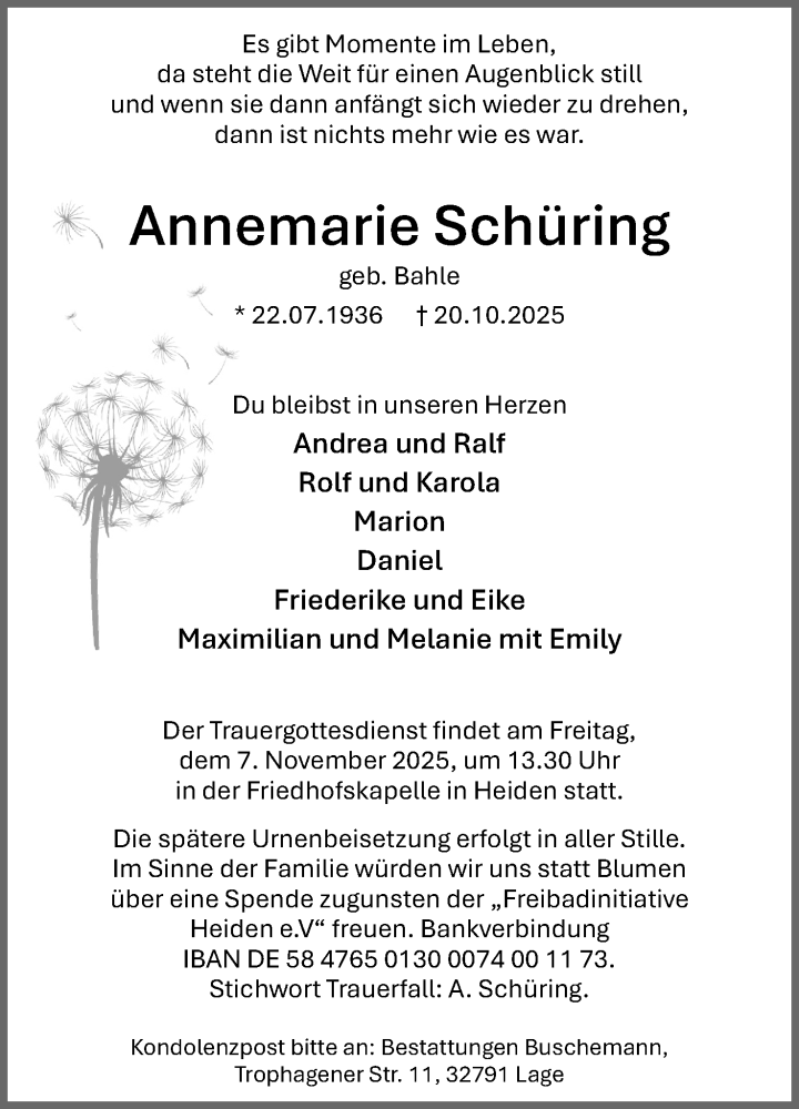  Traueranzeige für Annemarie Schüring vom 25.10.2025 aus Lippische Landes-Zeitung