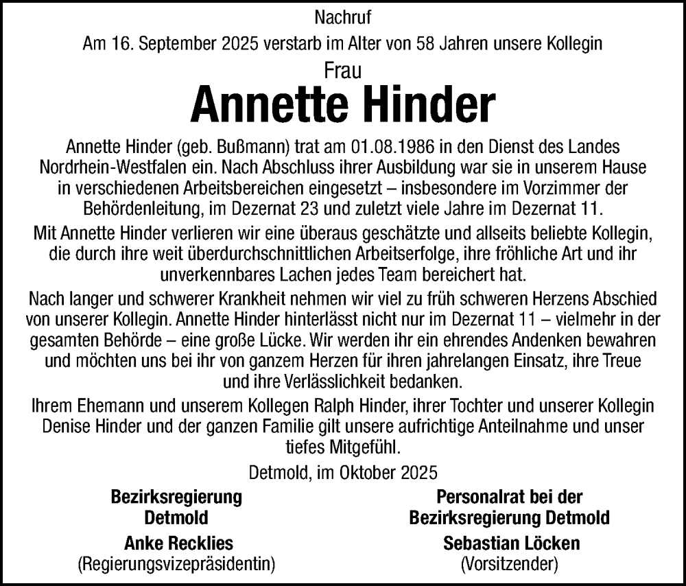  Traueranzeige für Annette Hinder vom 04.10.2025 aus Lippische Landes-Zeitung