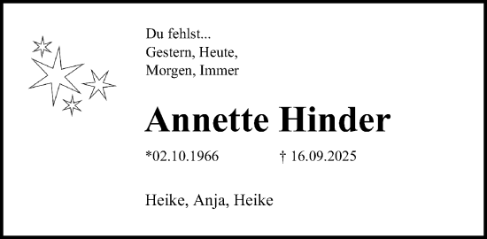 Anzeige  Annette Hinder  Lippische Landes-Zeitung