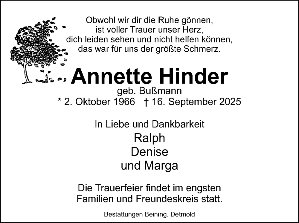  Traueranzeige für Annette Hinder vom 04.10.2025 aus Lippische Landes-Zeitung