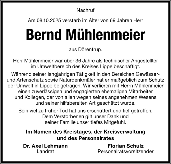 Anzeige  Bernd Mühlenmeier  Lippische Landes-Zeitung