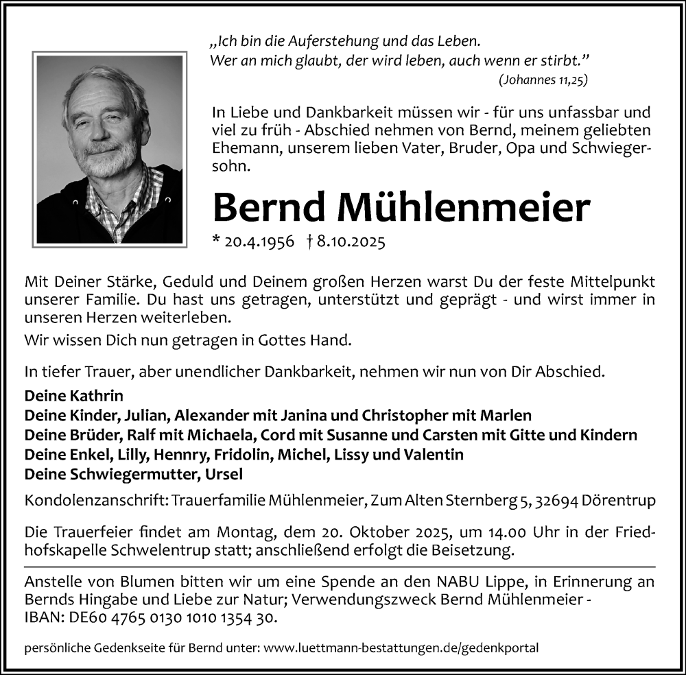  Traueranzeige für Bernd Mühlenmeier vom 14.10.2025 aus Lippische Landes-Zeitung