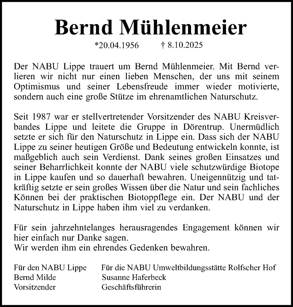  Traueranzeige für Bernd Mühlenmeier vom 18.10.2025 aus Lippische Landes-Zeitung