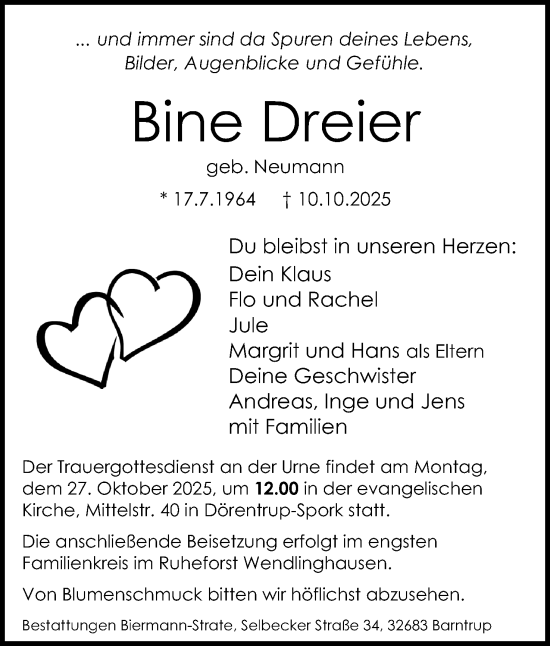 Anzeige  Bine Dreier  Lippische Landes-Zeitung