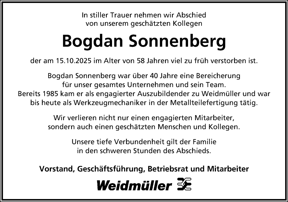  Traueranzeige für Bogdan Sonnenberg vom 25.10.2025 aus Lippische Landes-Zeitung