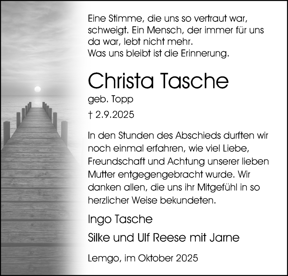  Traueranzeige für Christa Tasche vom 11.10.2025 aus Lippische Landes-Zeitung
