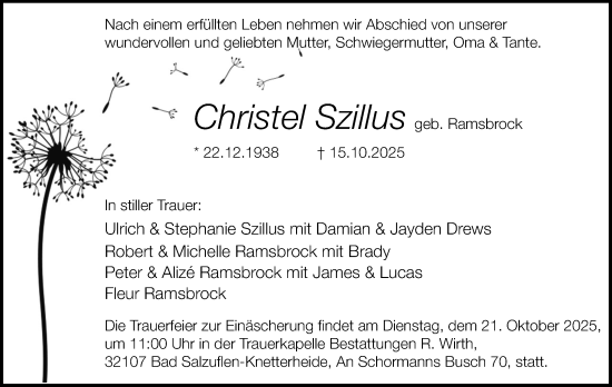 Anzeige  Christel Szillus  Lippische Landes-Zeitung