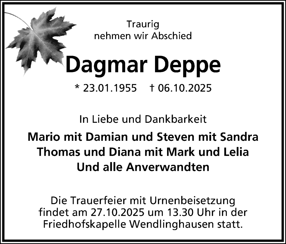  Traueranzeige für Dagmar Deppe vom 18.10.2025 aus Lippische Landes-Zeitung