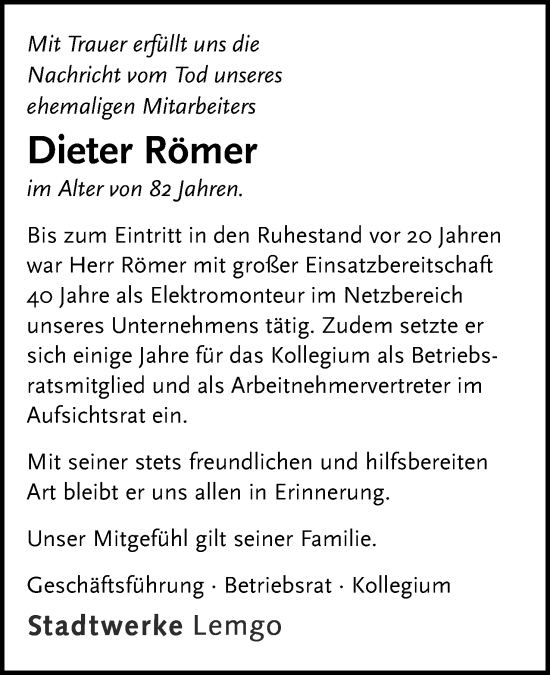 Anzeige  Dieter Römer  Lippische Landes-Zeitung