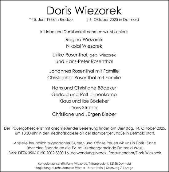 Anzeige  Doris Wiezorek  Lippische Landes-Zeitung