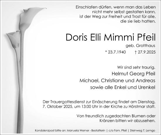 Anzeige  Doris Elli Mimmi Pfeil  Lippische Landes-Zeitung