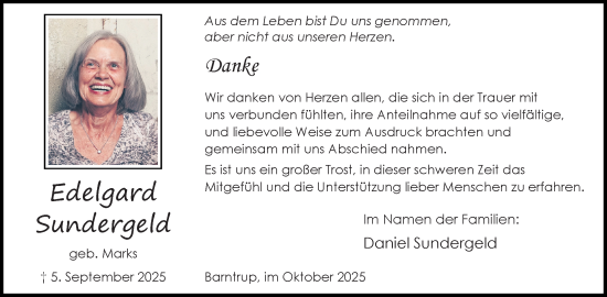 Anzeige  Edelgard Sundergeld  Lippische Landes-Zeitung