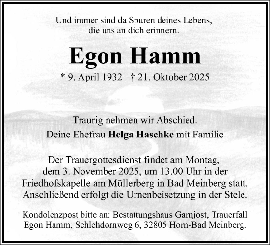 Anzeige  Egon Hamm  Lippische Landes-Zeitung