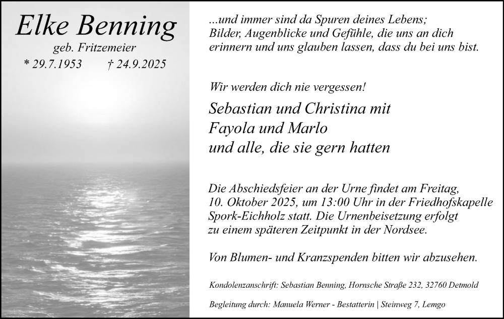  Traueranzeige für Elke Benning vom 04.10.2025 aus Lippische Landes-Zeitung