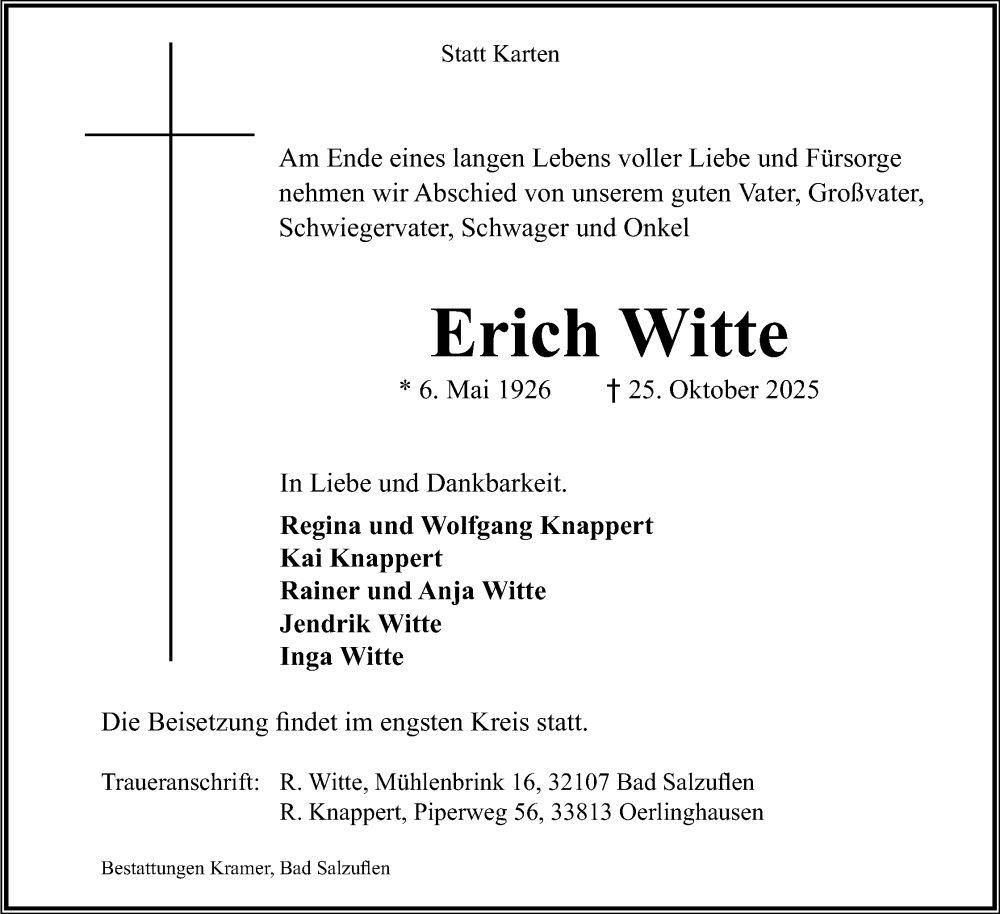  Traueranzeige für Erich Witte vom 31.10.2025 aus Lippische Landes-Zeitung