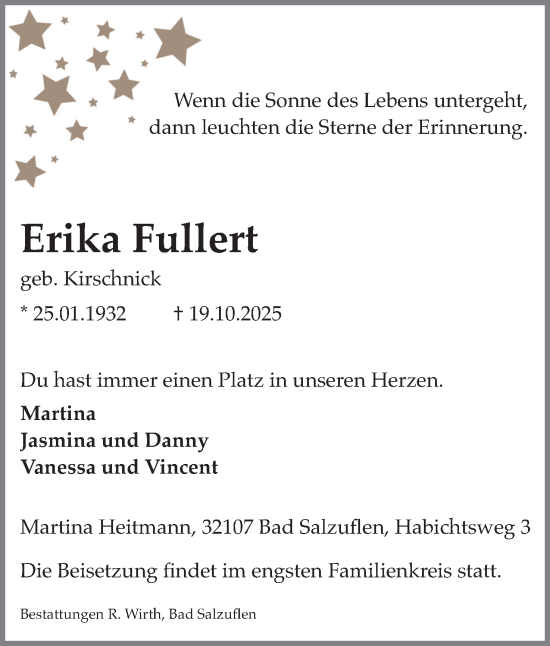 Anzeige  Erika Fullert  Lippische Landes-Zeitung