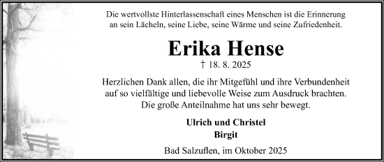 Anzeige  Erika Hense  Lippische Landes-Zeitung