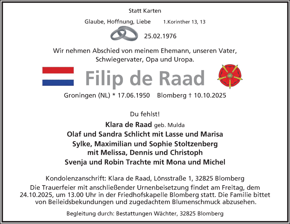  Traueranzeige für Filip de Raad vom 18.10.2025 aus Lippische Landes-Zeitung