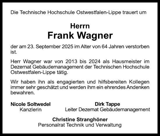 Anzeige  Frank Wagner  Lippische Landes-Zeitung