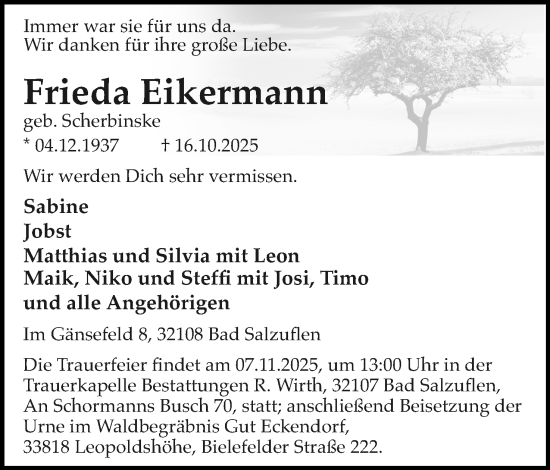 Anzeige  Frieda Eikermann  Lippische Landes-Zeitung