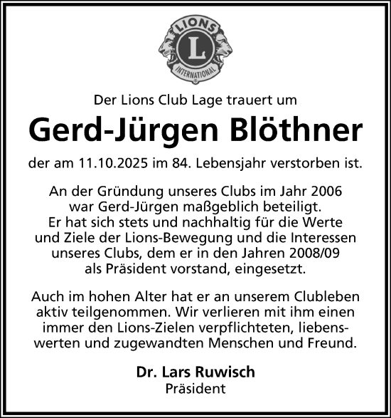 Anzeige  Gerd-Jürgen Blöthner  Lippische Landes-Zeitung