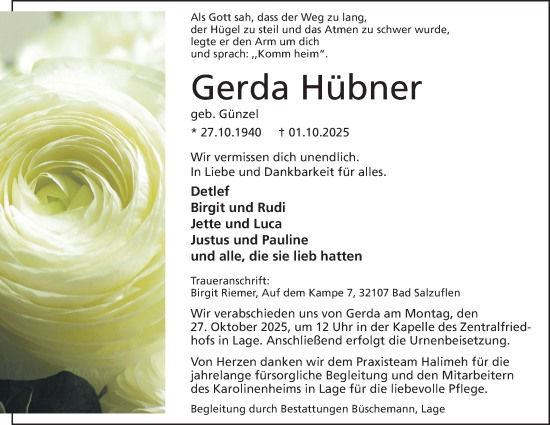 Anzeige  Gerda Hübner  Lippische Landes-Zeitung