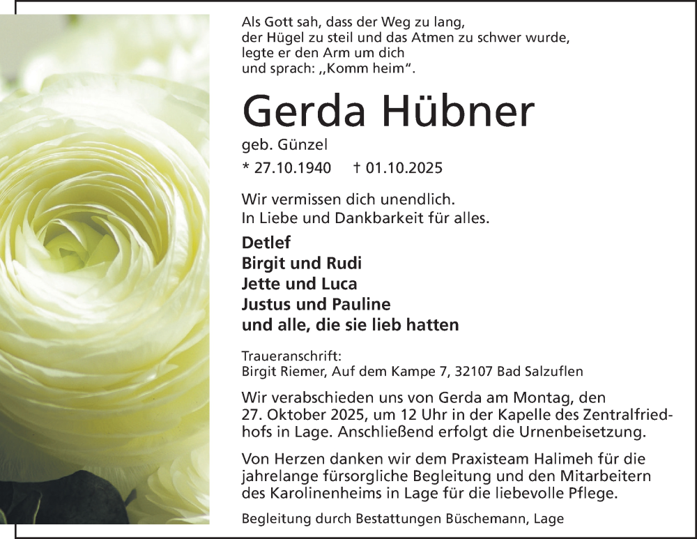  Traueranzeige für Gerda Hübner vom 11.10.2025 aus Lippische Landes-Zeitung