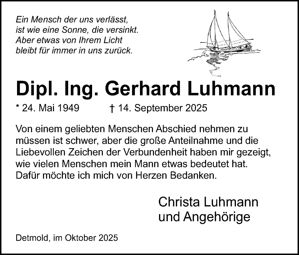  Traueranzeige für Gerhard Luhmann vom 18.10.2025 aus Lippische Landes-Zeitung