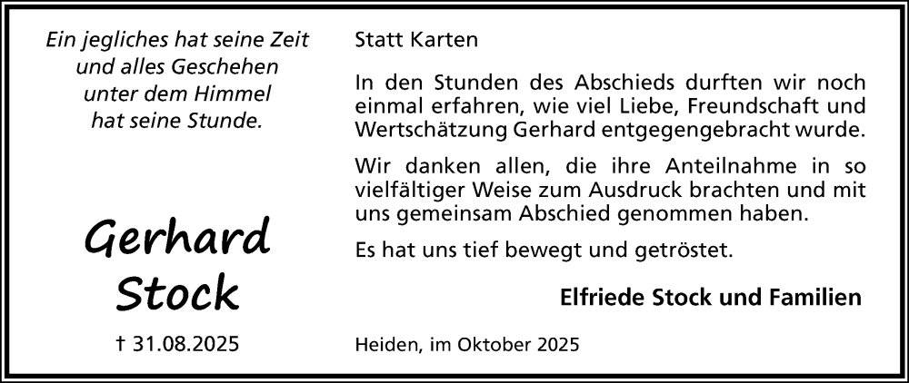  Traueranzeige für Gerhard Stock vom 18.10.2025 aus Lippische Landes-Zeitung