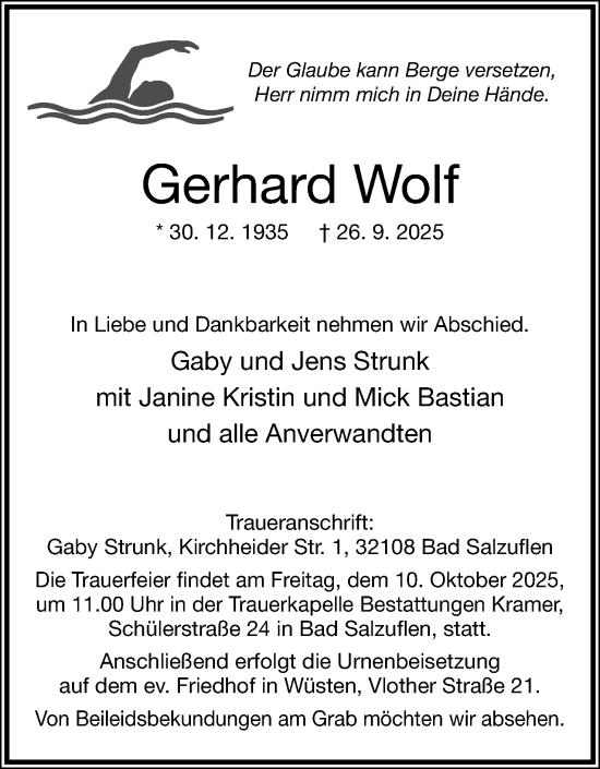 Anzeige  Gerhard Wolf  Lippische Landes-Zeitung