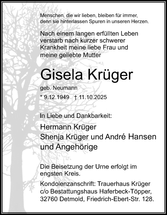 Anzeige  Gisela Krüger  Lippische Landes-Zeitung