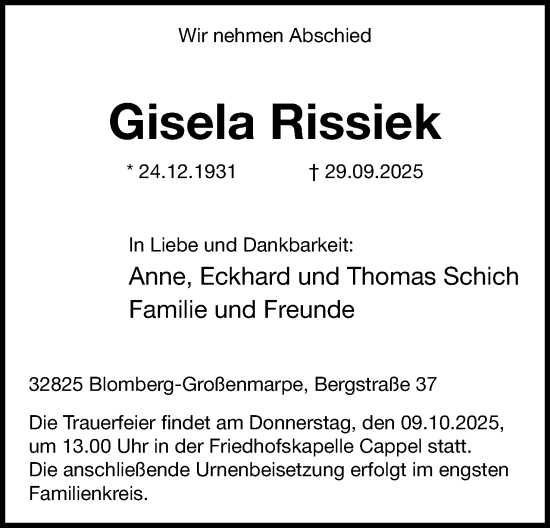 Anzeige  Gisela Rissiek  Lippische Landes-Zeitung