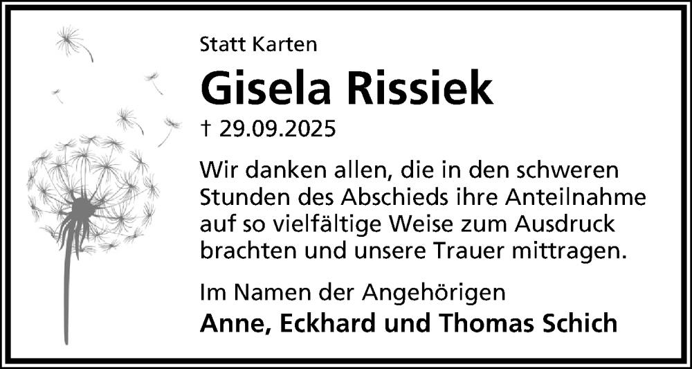  Traueranzeige für Gisela Rissiek vom 31.10.2025 aus Lippische Landes-Zeitung