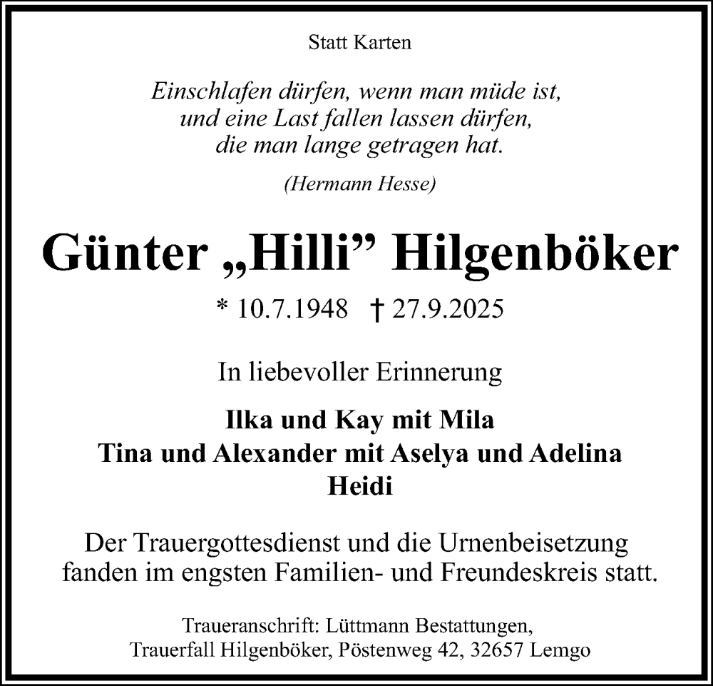  Traueranzeige für Günter Hilgenböker vom 18.10.2025 aus Lippische Landes-Zeitung