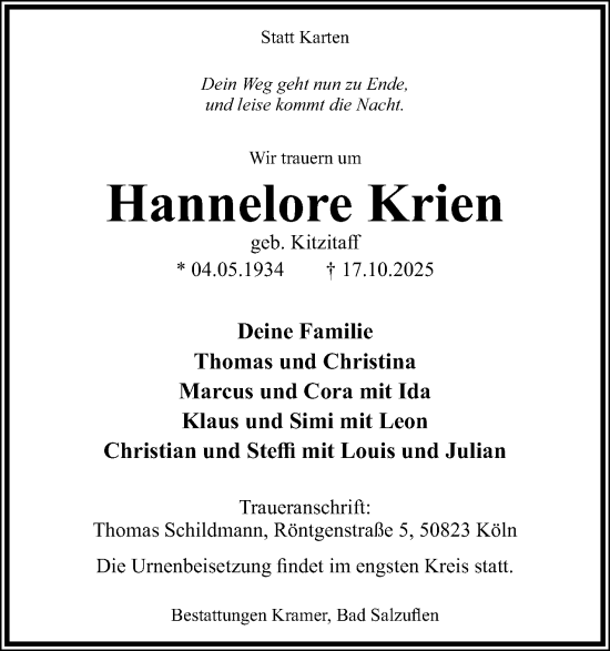 Anzeige  Hannelore Krien  Lippische Landes-Zeitung