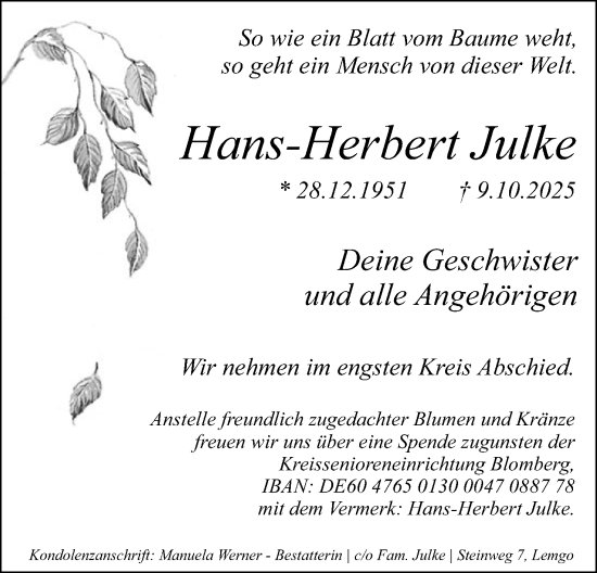 Anzeige  Hans-Herbert Julke  Lippische Landes-Zeitung