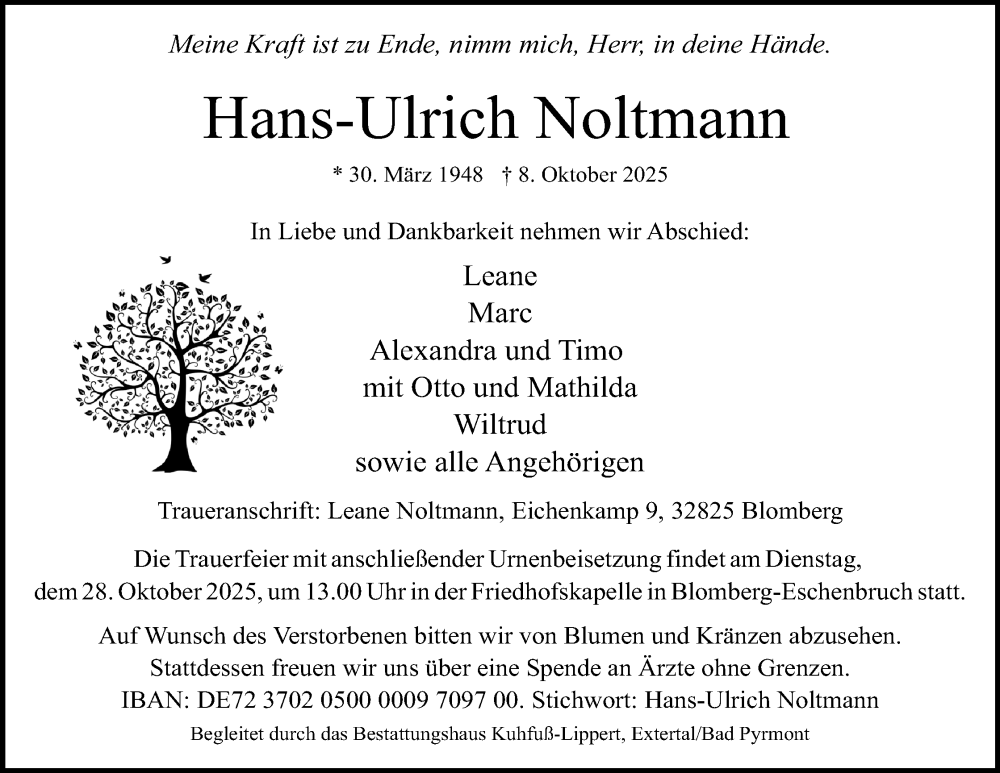  Traueranzeige für Hans-Ulrich Noltmann vom 18.10.2025 aus Lippische Landes-Zeitung
